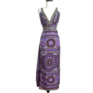 Vintage Silk Babydoll Y2K Studded Retro Maxi Dress 10 Purple 70s Hippie Boho